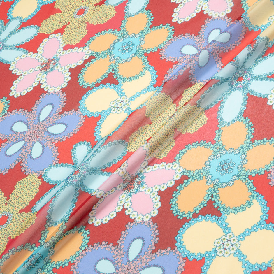 Retro Multi Floral Printed Red Silk Georgette