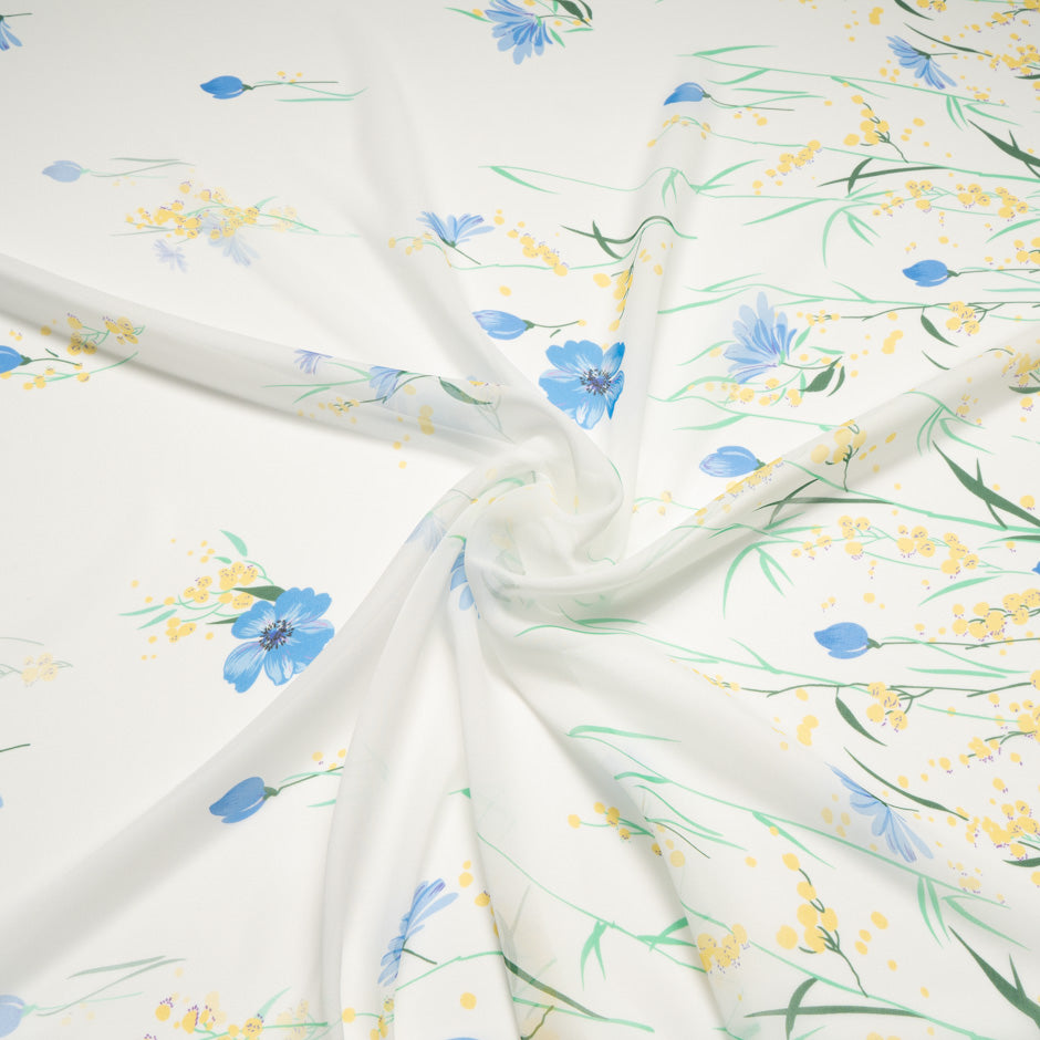 Blue Floral Printed Ivory Silk Chiffon