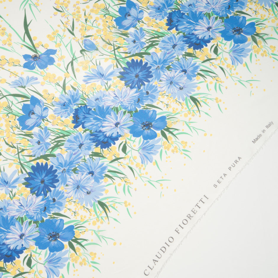 Blue Floral Printed Ivory Silk Chiffon