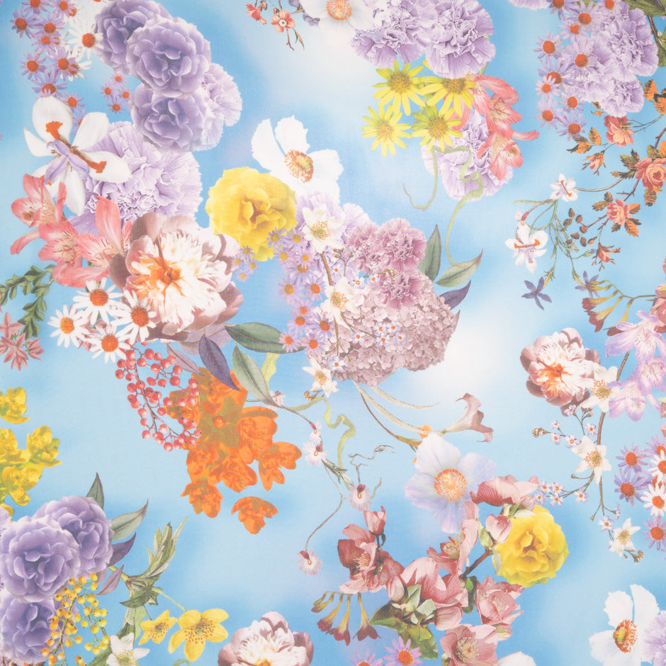 Multi Floral Printed Sky Blue Pure Silk Chiffon