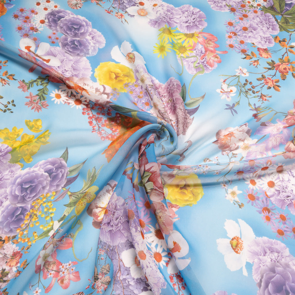 Multi Floral Printed Sky Blue Pure Silk Chiffon