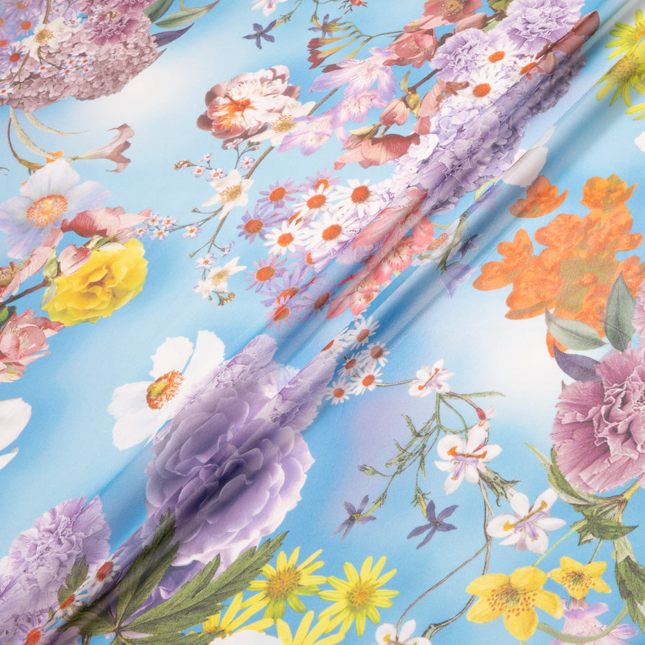 Multi Floral Printed Sky Blue Pure Silk Chiffon