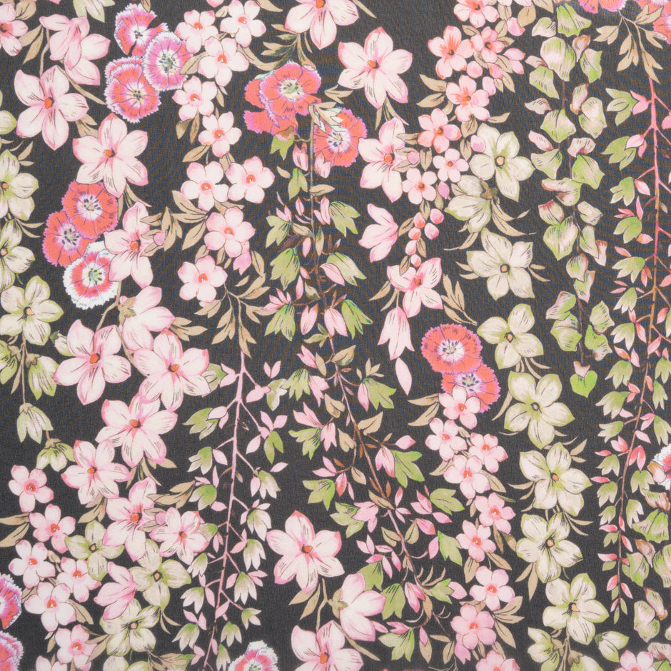 Busy Pink Floral Printed Black Silk Georgette