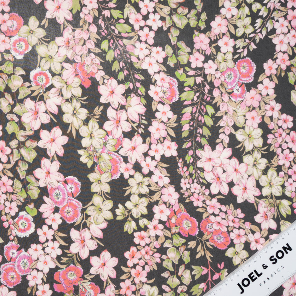 Busy Pink Floral Printed Black Silk Georgette