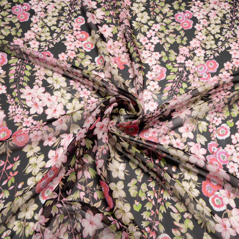 Busy Pink Floral Printed Black Silk Georgette