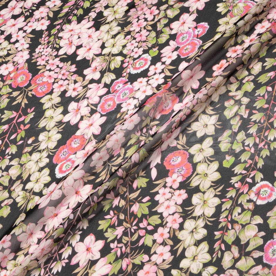 Busy Pink Floral Printed Black Silk Georgette