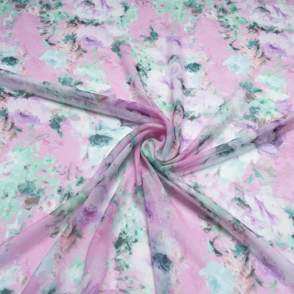 Mint & Purple Floral Printed Pink Silk Georgette