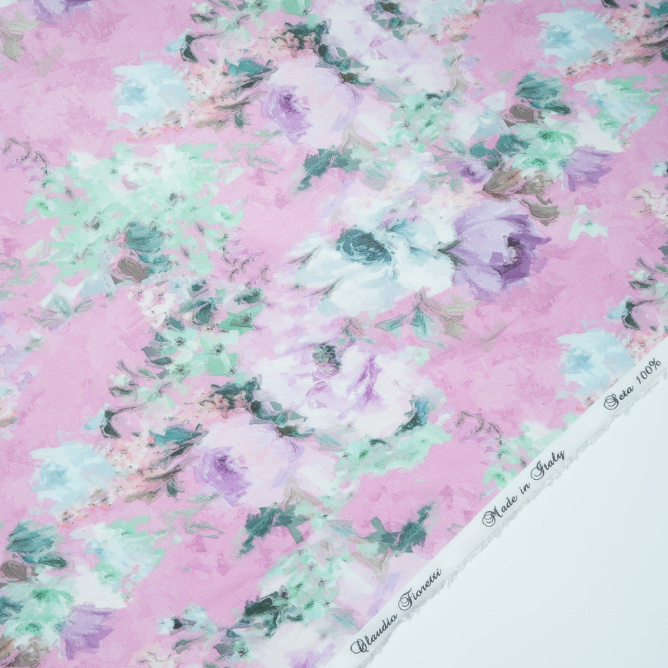 Mint & Purple Floral Printed Pink Silk Georgette