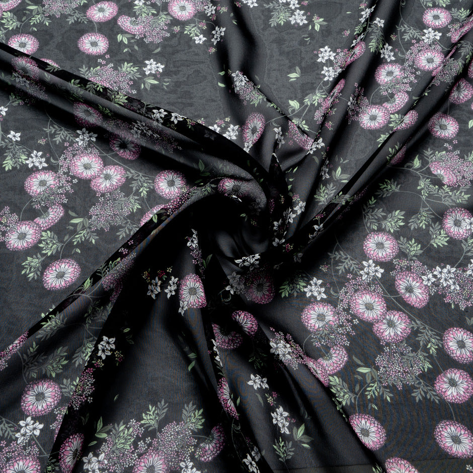 Pink Floral Printed Black Silk Georgette