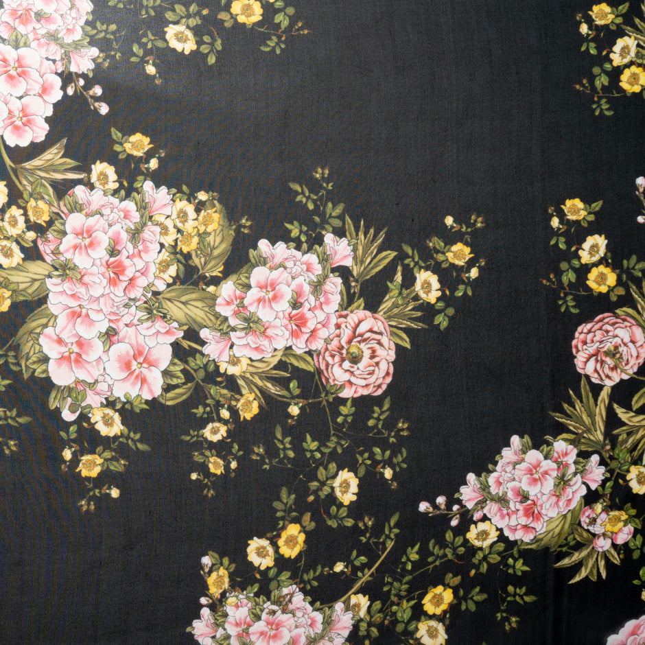 Pink & Yellow Floral Printed Black Silk Georgette