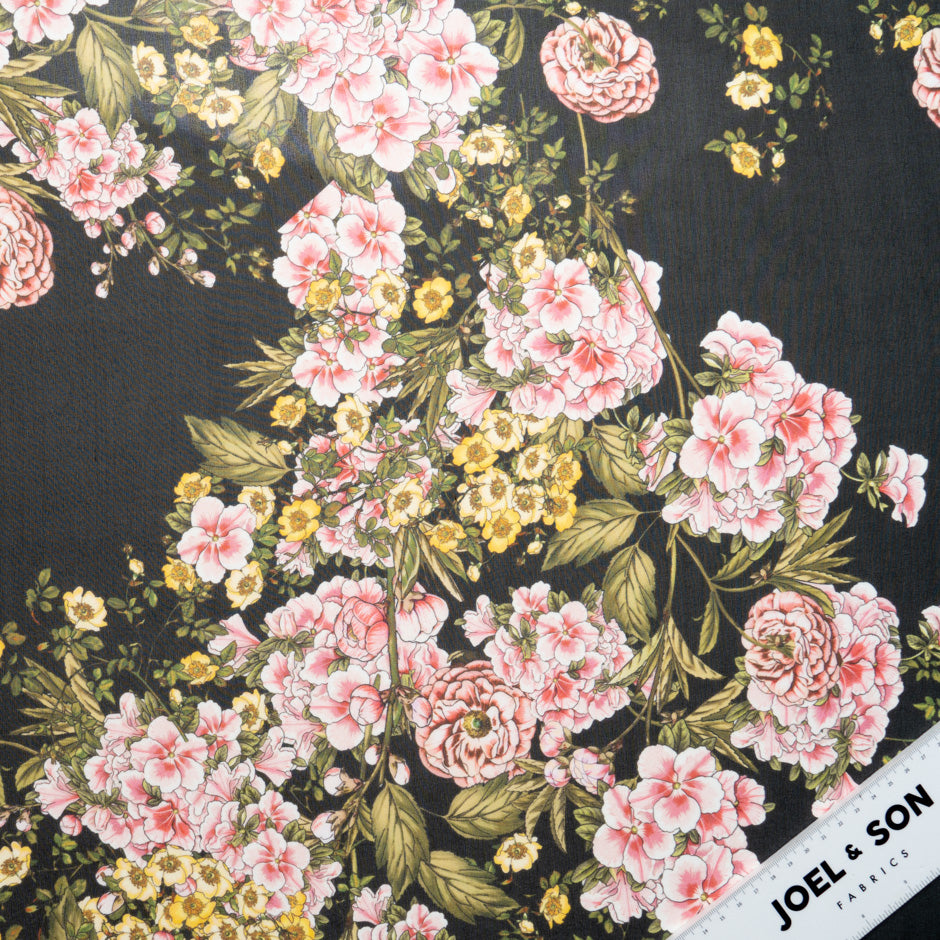 Pink & Yellow Floral Printed Black Silk Georgette