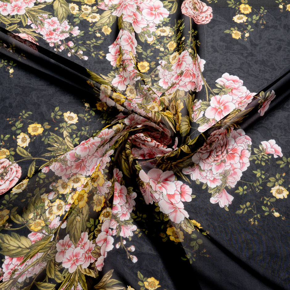 Pink & Yellow Floral Printed Black Silk Georgette