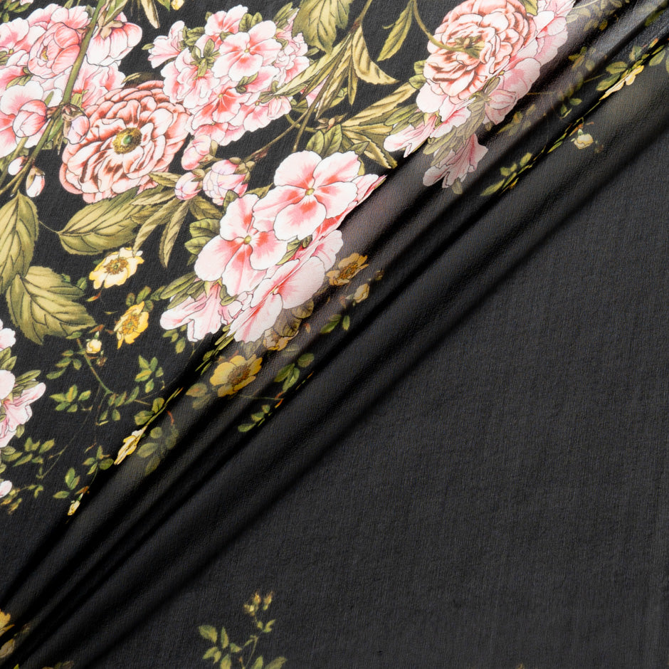 Pink & Yellow Floral Printed Black Silk Georgette