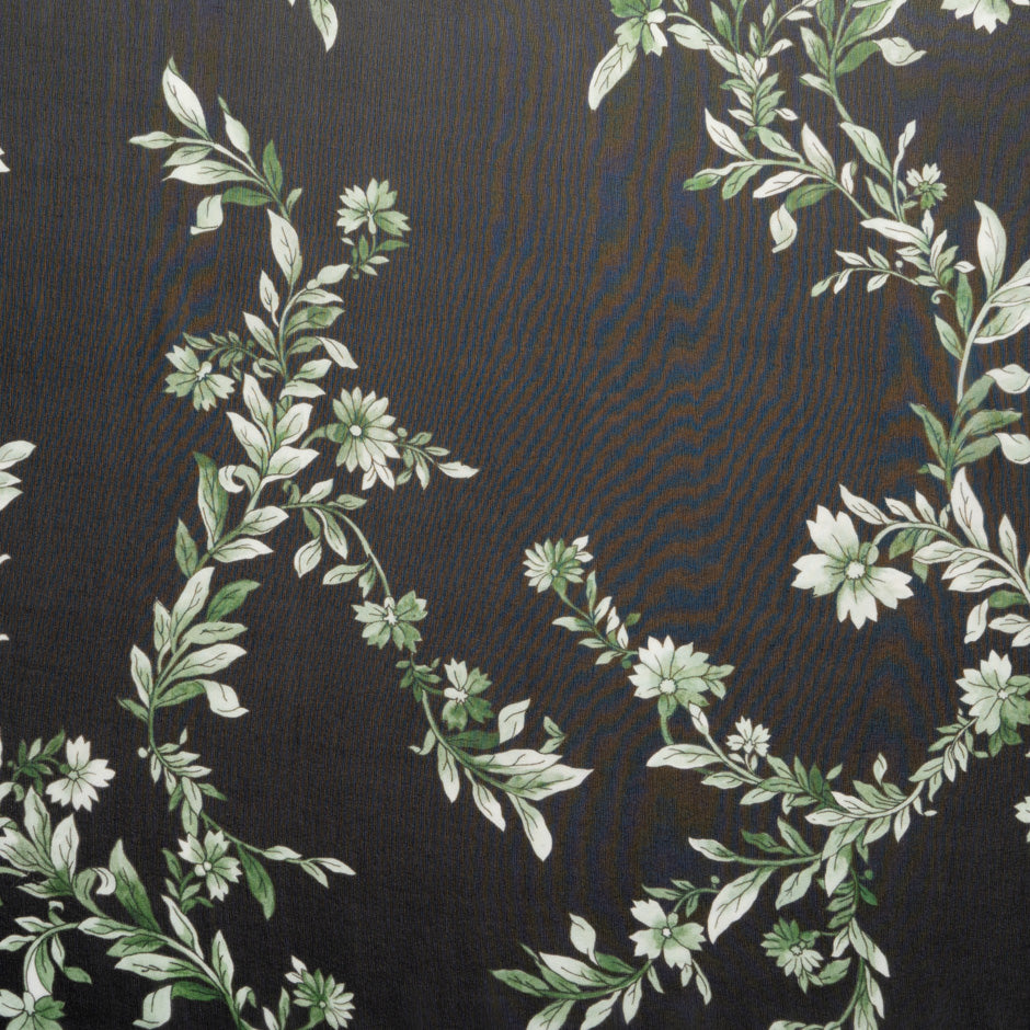Green Floral Printed Black Silk Georgette