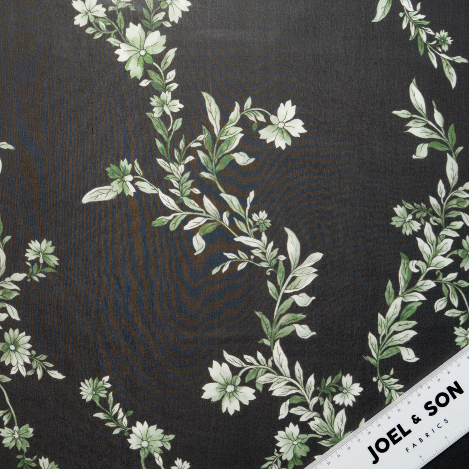 Green Floral Printed Black Silk Georgette