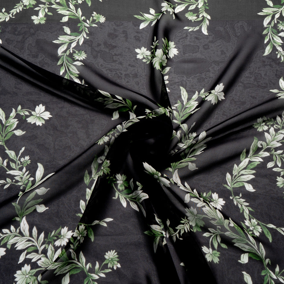 Green Floral Printed Black Silk Georgette
