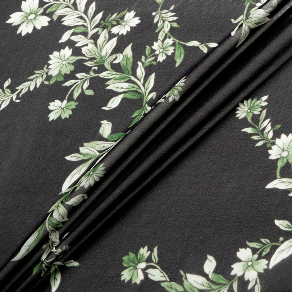 Green Floral Printed Black Silk Georgette