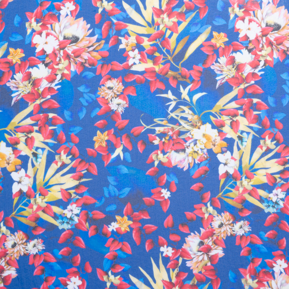 Cherry Red Floral Printed Royal Blue Silk Georgette