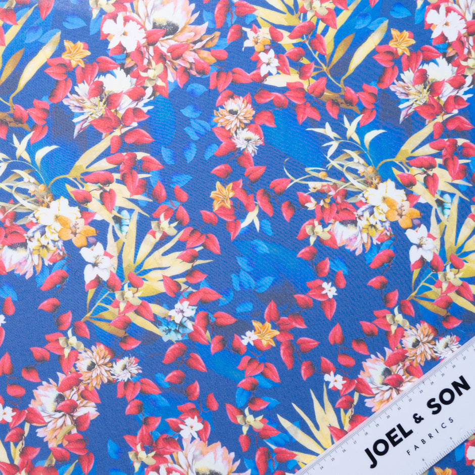 Cherry Red Floral Printed Royal Blue Silk Georgette
