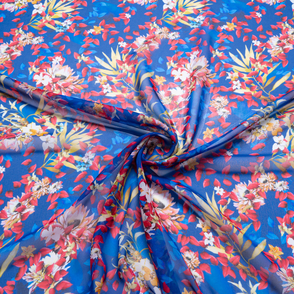 Cherry Red Floral Printed Royal Blue Silk Georgette