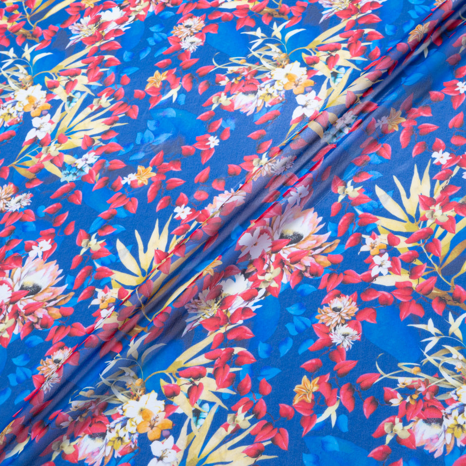 Cherry Red Floral Printed Royal Blue Silk Georgette