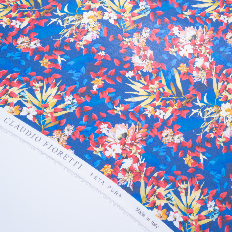 Cherry Red Floral Printed Royal Blue Silk Georgette