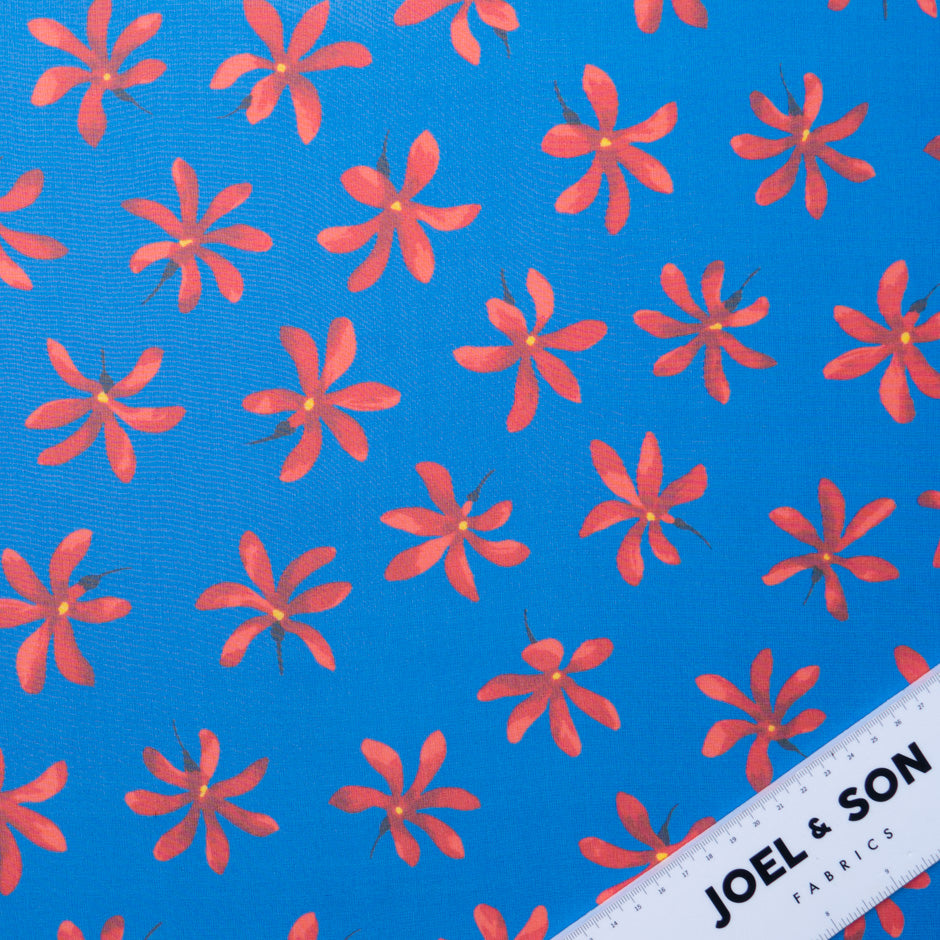 Red Floral Printed Rich Blue Silk Georgette