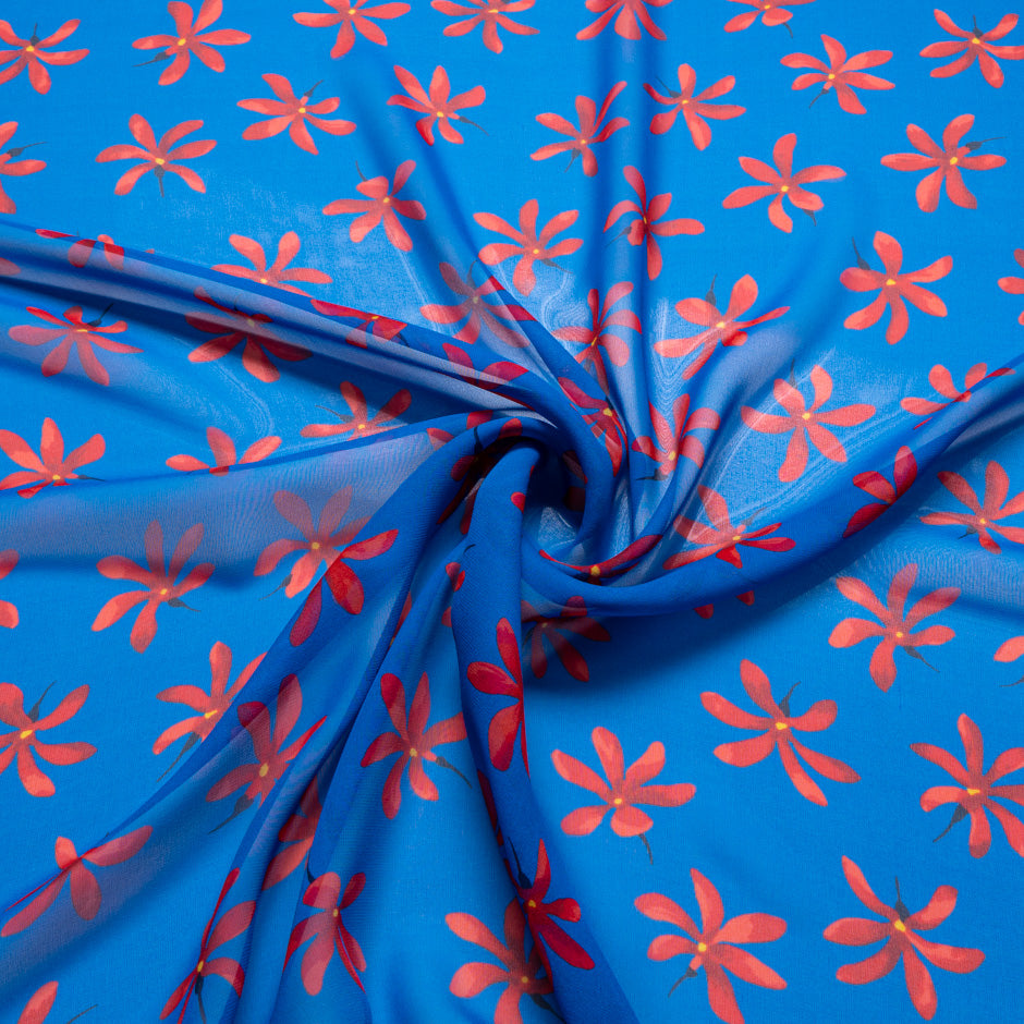 Red Floral Printed Rich Blue Silk Georgette