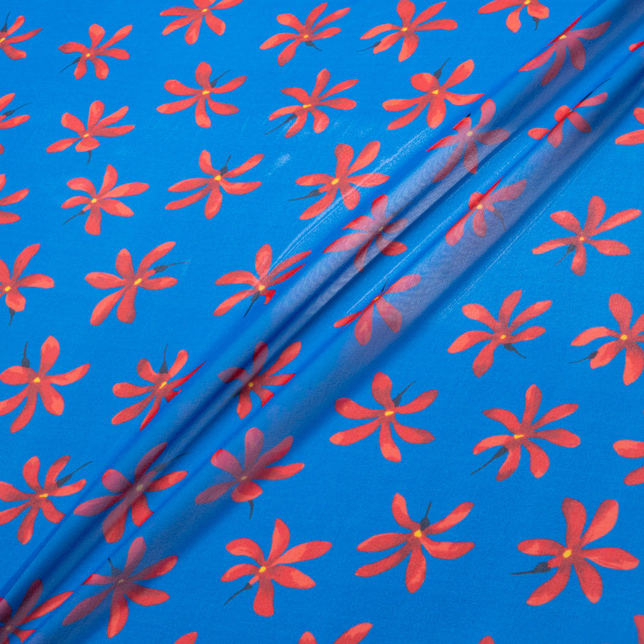 Red Floral Printed Rich Blue Silk Georgette