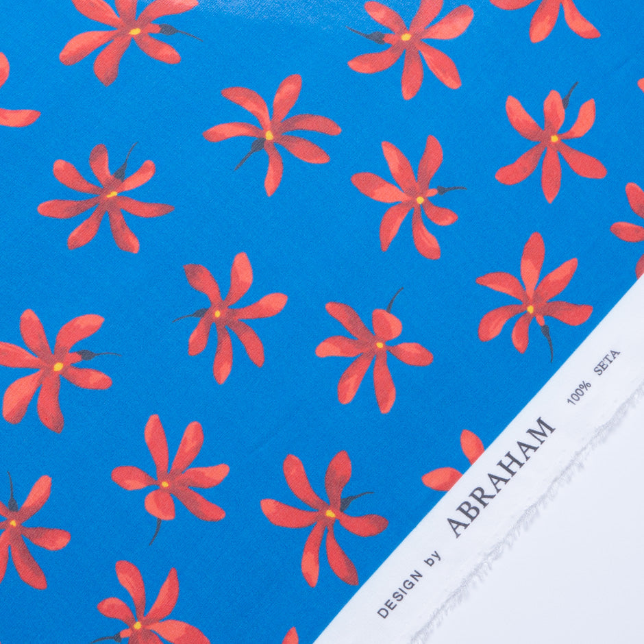 Red Floral Printed Rich Blue Silk Georgette