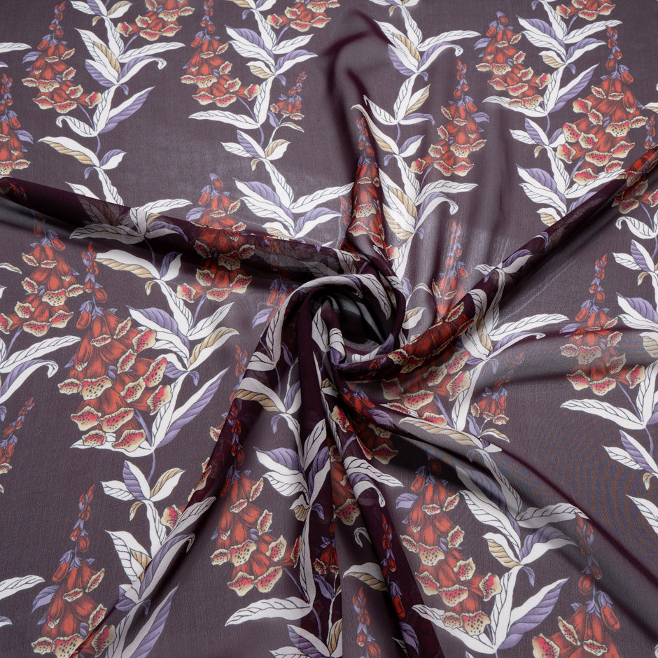 Red Floral Printed Dark Purple Silk Georgette