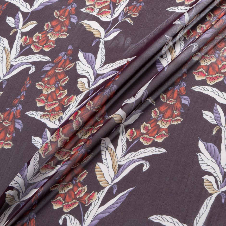 Red Floral Printed Dark Purple Silk Georgette