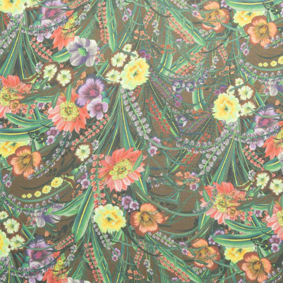 Multi-Coloured Floral Printed Brown Silk Georgette