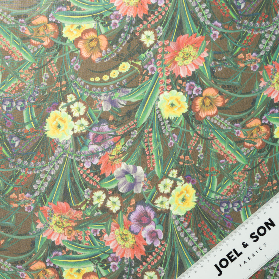 Multi-Coloured Floral Printed Brown Silk Georgette