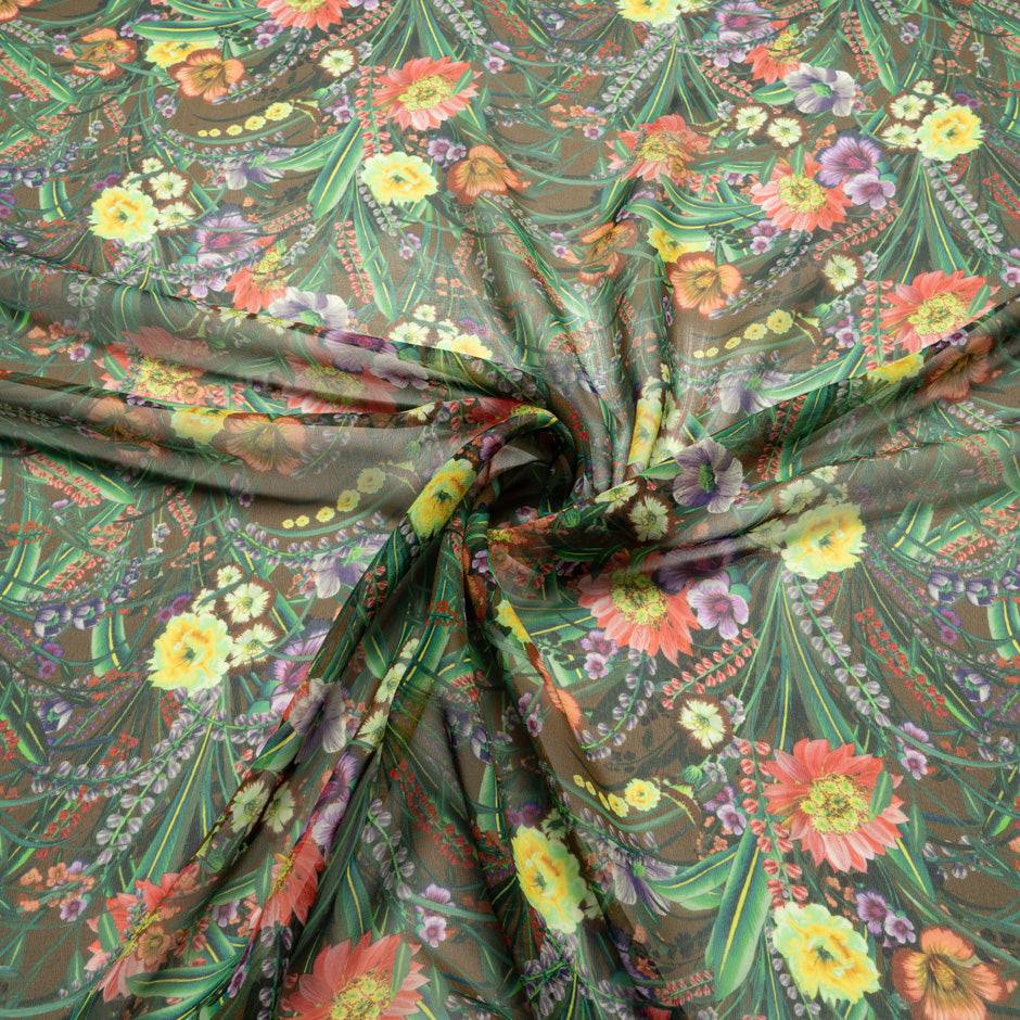 Multi-Coloured Floral Printed Brown Silk Georgette