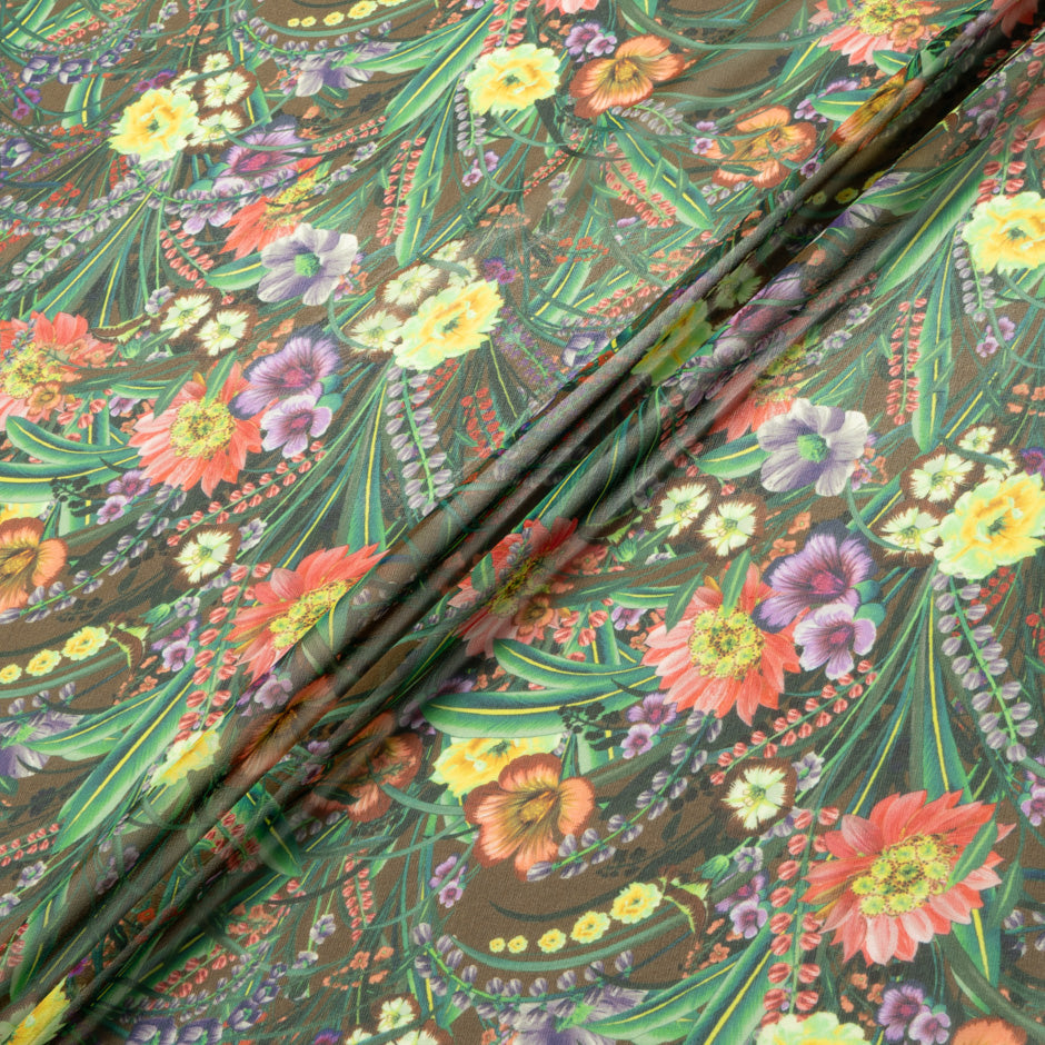 Multi-Coloured Floral Printed Brown Silk Georgette
