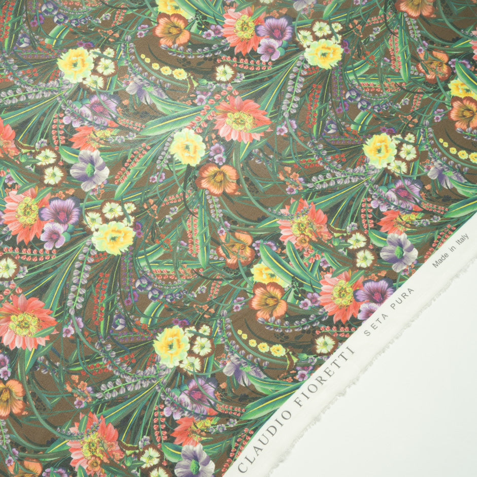 Multi-Coloured Floral Printed Brown Silk Georgette