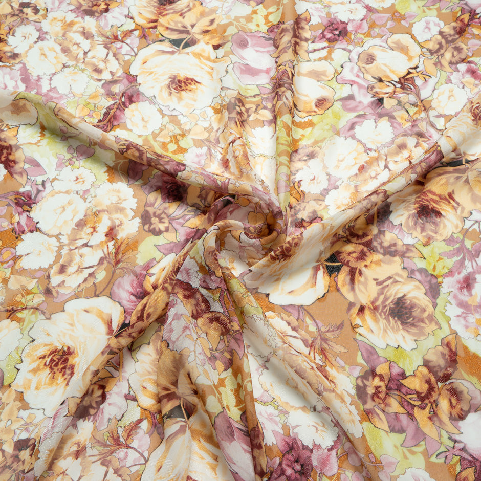 Orange & Pink Floral Printed Silk Fil Coupé Georgette