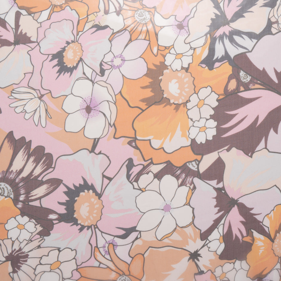 Orange, Purple & Pink Floral Printed Silk Chiffon