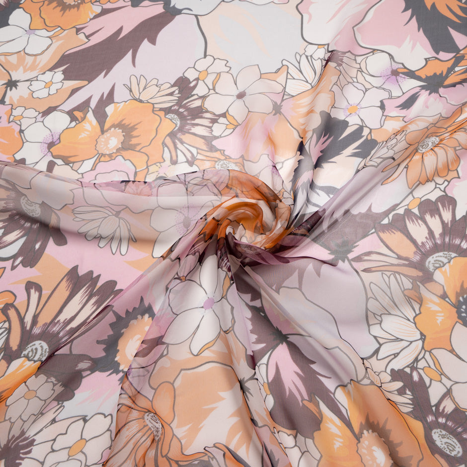Orange, Purple & Pink Floral Printed Silk Chiffon