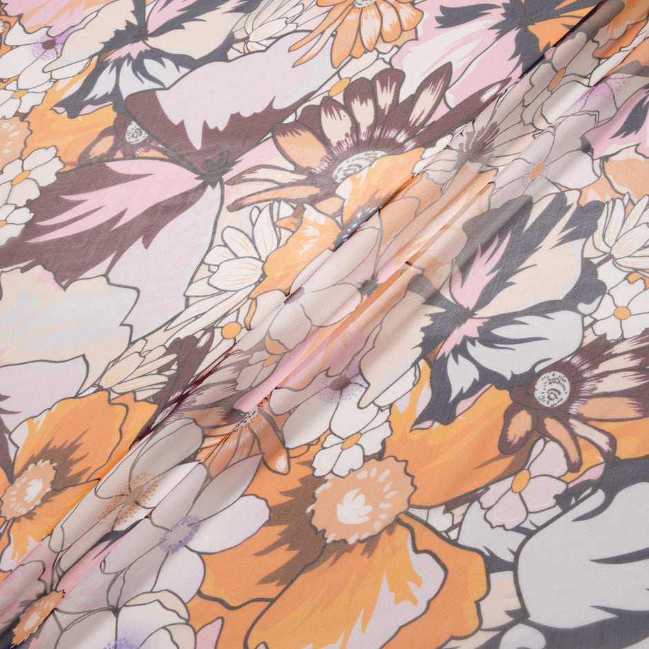 Orange, Purple & Pink Floral Printed Silk Chiffon