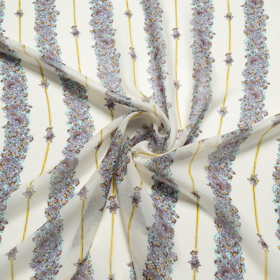 Purple Floral Printed Cream Pure Silk Georgette