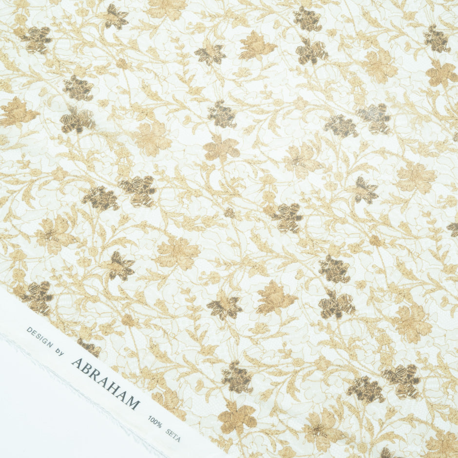 Golden Yellow Floral Printed Ivory Pure Silk Chiffon