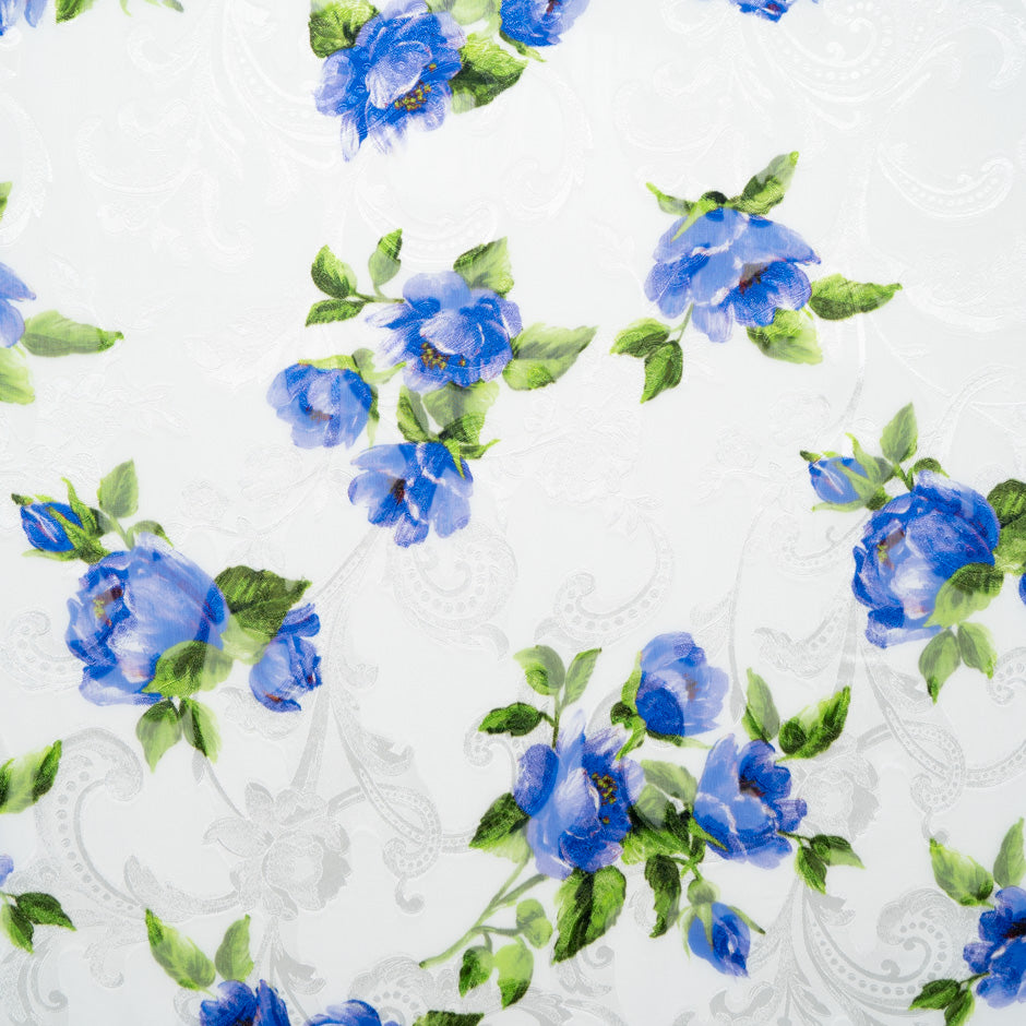 Royal Blue Floral Printed Silk Fil Coupé Georgette