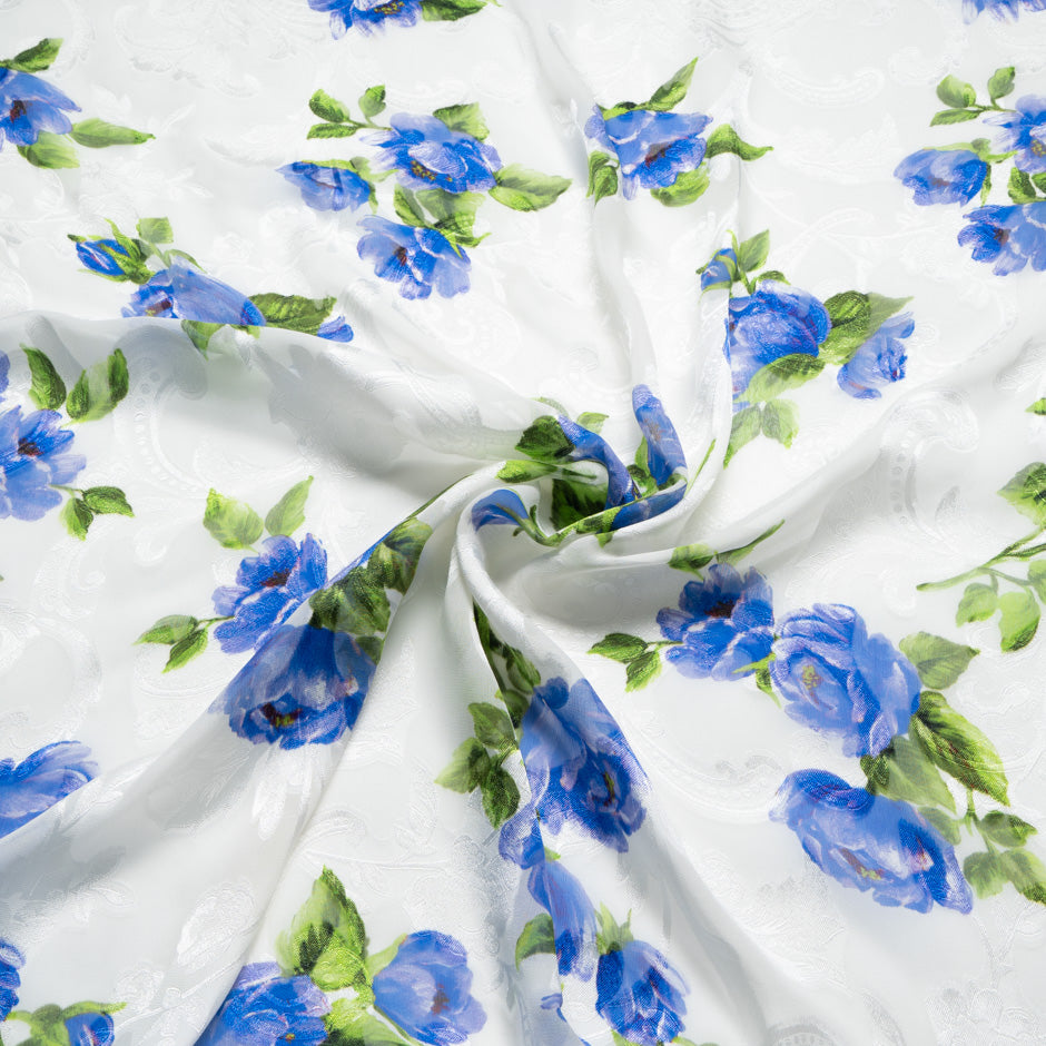 Royal Blue Floral Printed Silk Fil Coupé Georgette