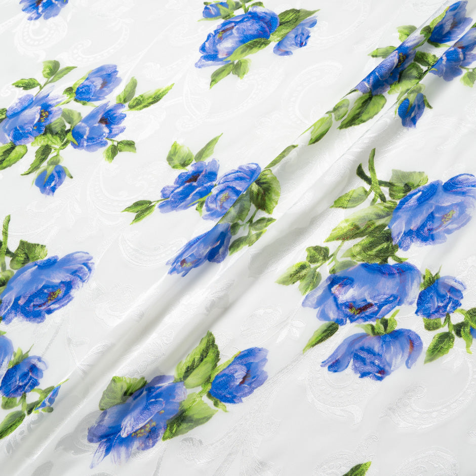 Royal Blue Floral Printed Silk Fil Coupé Georgette