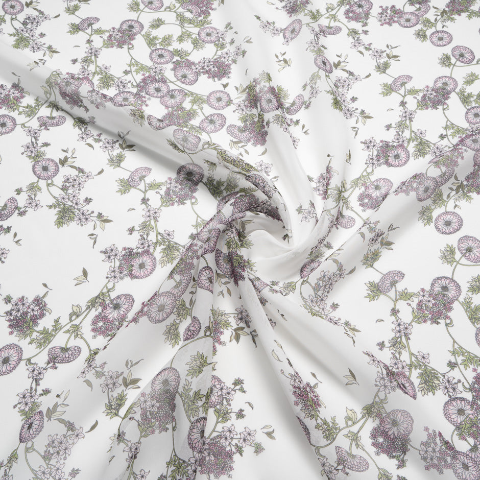 Purple Floral Printed Ivory Pure Silk Chiffon