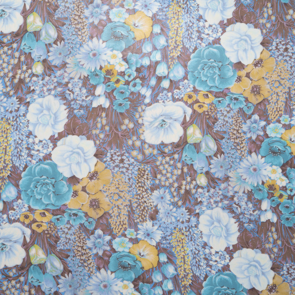 Turquoise & Yellow Floral Printed Brown Silk Georgette