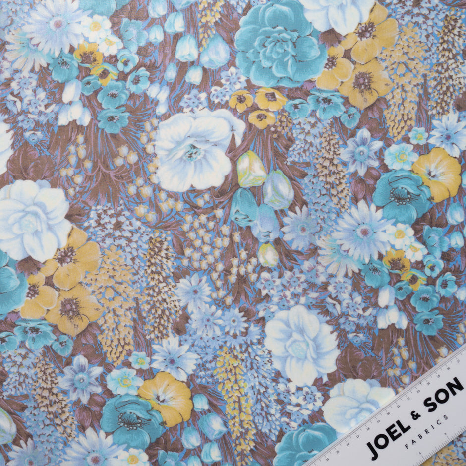 Turquoise & Yellow Floral Printed Brown Silk Georgette