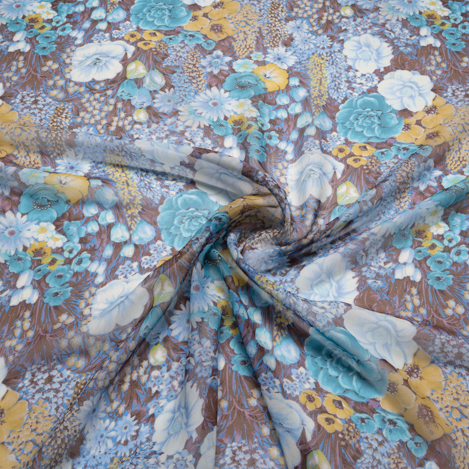 Turquoise & Yellow Floral Printed Brown Silk Georgette